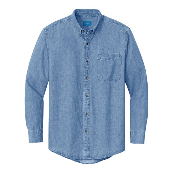 A Port & Company unisex short sleeve faded blue denim button-down shirt.