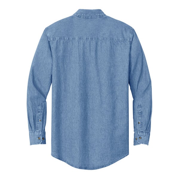 A Port & Company faded blue denim button-down shirt.