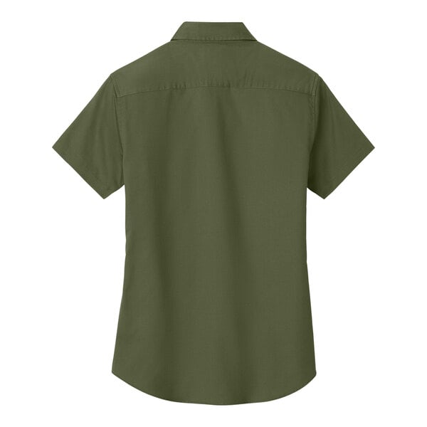 A back view of a Port Authority women's clover green short sleeve shirt.
