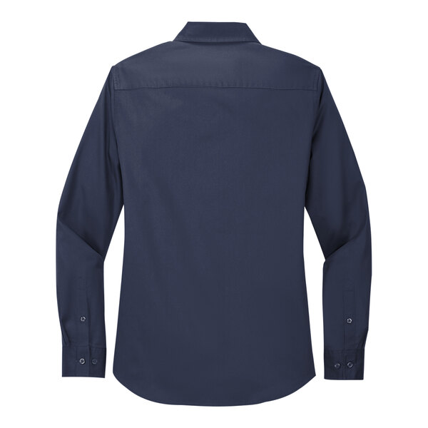 A navy blue and light stone Port Authority women's long sleeve dress shirt.