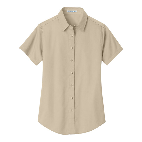 A Port Authority stone short sleeve button down dress shirt for women.