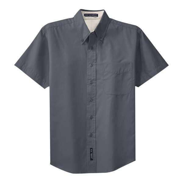 A Port Authority steel gray and light stone men's short sleeve button-down shirt.