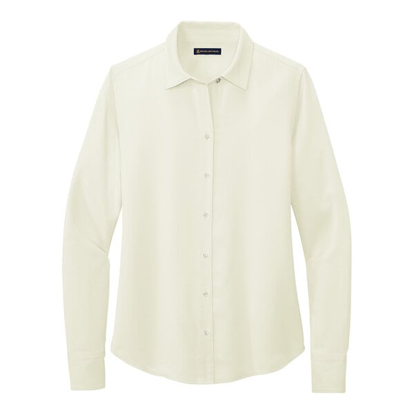 A Brooks Brothers off-white long sleeve full-button satin blouse.