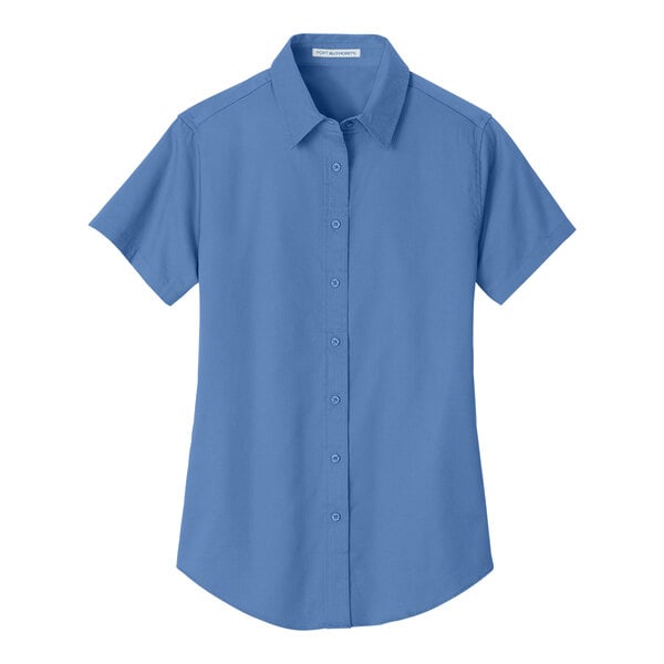 A Port Authority ultramarine blue short sleeve button down dress shirt for women.