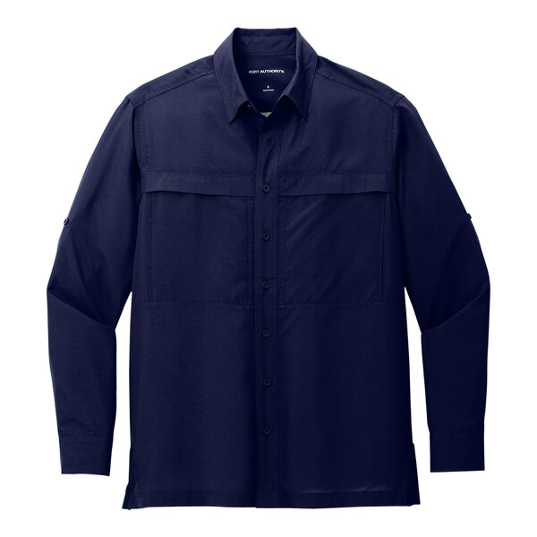 A Port Authority men's long sleeve navy blue shirt.