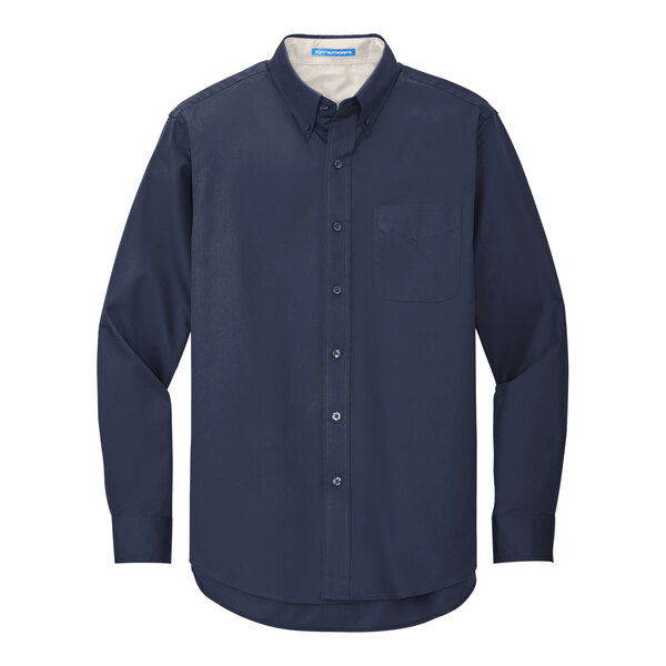 A Port Authority navy blue and light stone dress shirt with long sleeves.