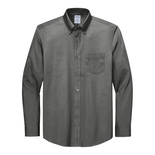 A Brooks Brothers long sleeve black dress shirt with a button down collar.