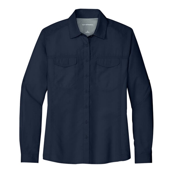 A dark blue short sleeve Port Authority shirt.