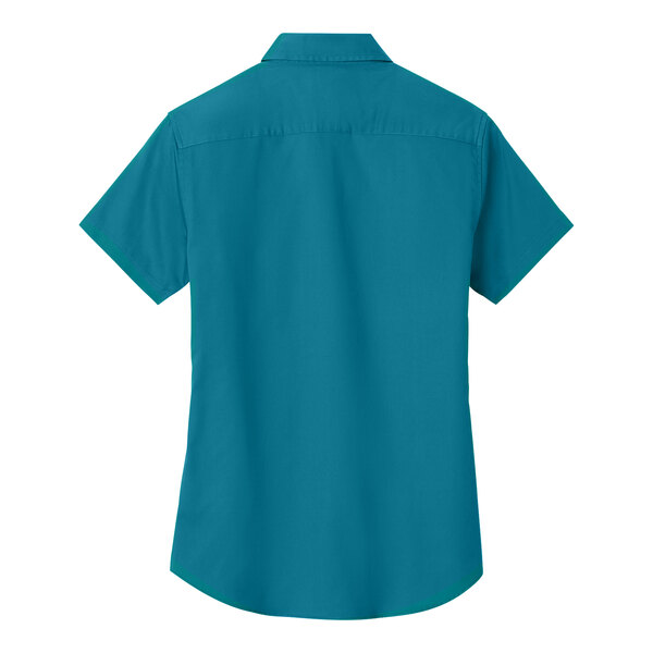 A teal green Port Authority short sleeve dress shirt for women.