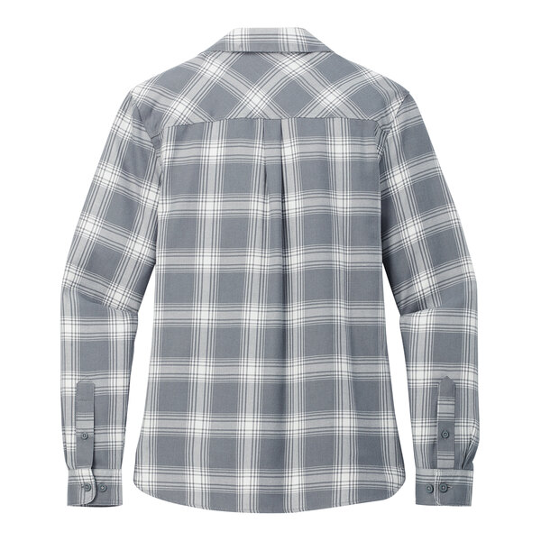 A back view of a Port Authority women's gray and cream plaid flannel shirt.