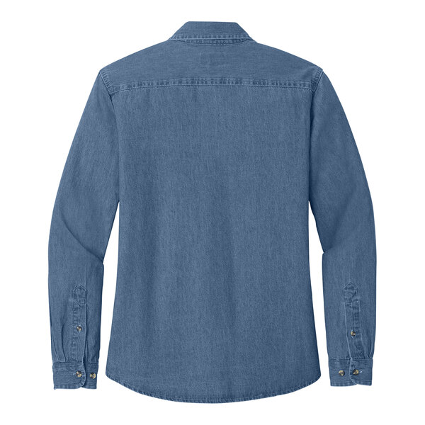 A Port & Company women's faded blue denim button-down shirt.