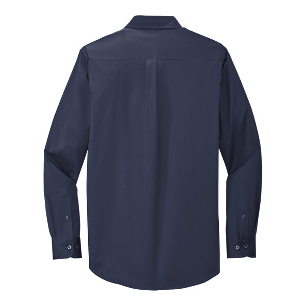 A Port Authority navy blue long sleeve dress shirt with light blue accents.