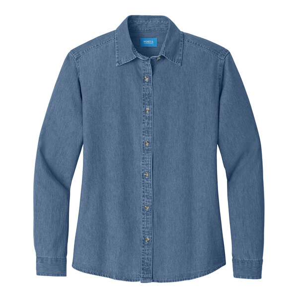 A Port & Company faded blue short sleeve denim button-down shirt on a counter.