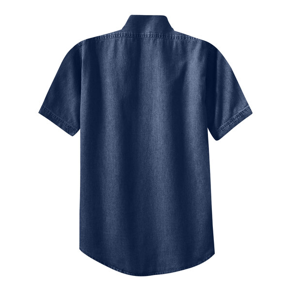 A Port & Company Ink Blue Long Sleeve Denim Button-Down Shirt with a collar on a white background.