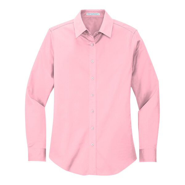 A close-up of a Port Authority light pink long sleeved poplin shirt.