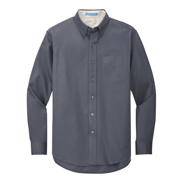 A Port Authority men's long sleeve button down dress shirt in steel gray and light stone.