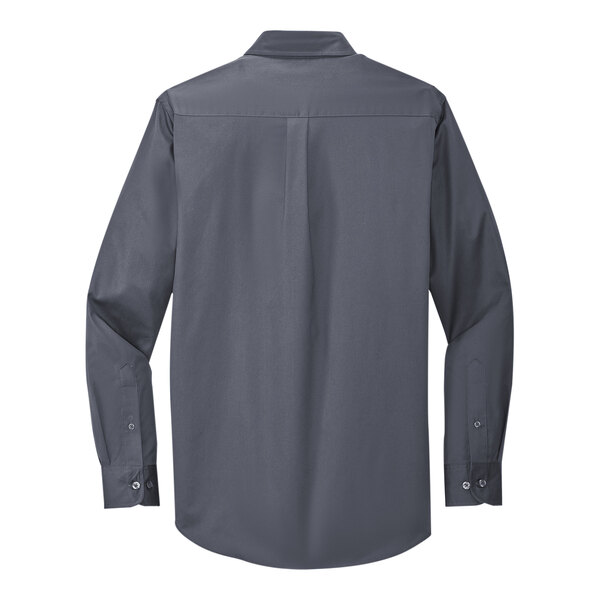 A Port Authority steel gray and light stone long sleeve dress shirt with a button up.