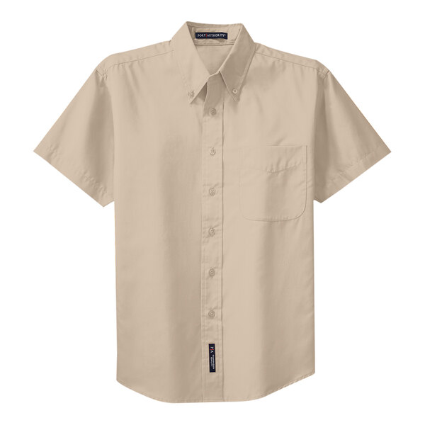 A close-up of a Port Authority stone short sleeve dress shirt with a white background.