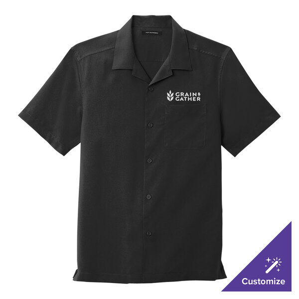 A large black Port Authority short sleeve staff shirt with a logo on the front.
