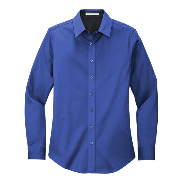 A Port Authority women's long sleeve poplin shirt in royal blue and classic navy.
