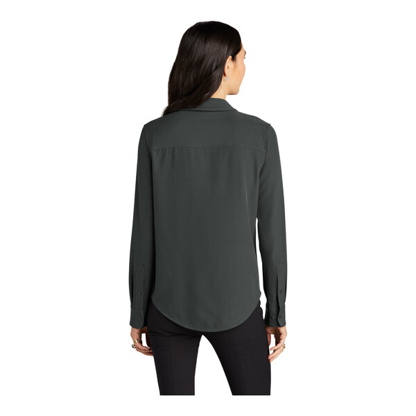 A close-up of a Mercer+Mettle women's long sleeve camp blouse in charcoal gray with an anchor print.