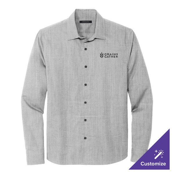 A Mercer+Mettle Gusty Gray long sleeve dress shirt with a logo on the sleeve.