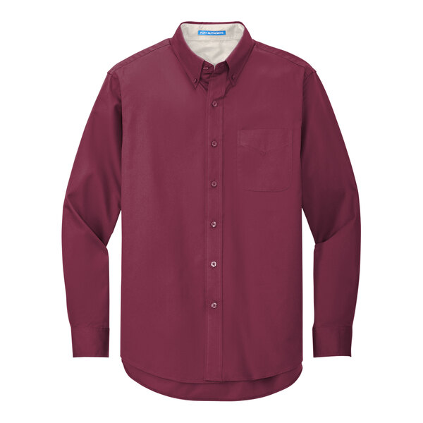 A Port Authority long sleeve burgundy and light stone dress shirt.