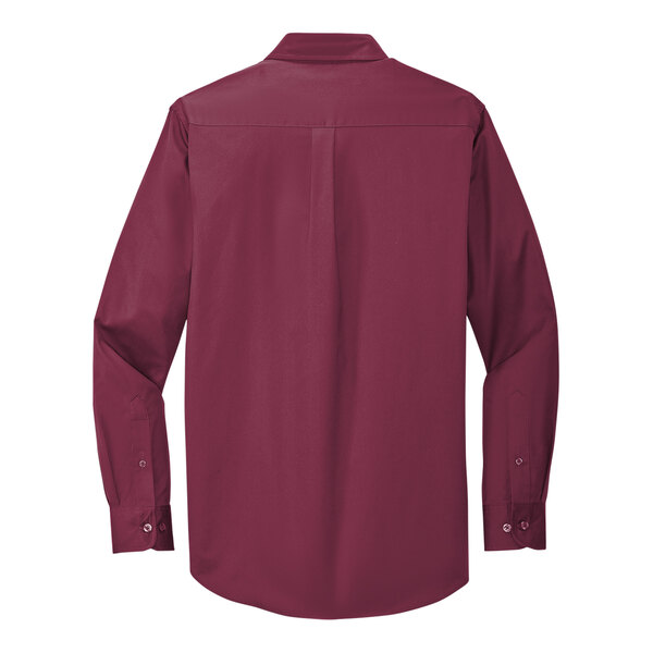 A Port Authority burgundy and light stone long sleeve dress shirt.