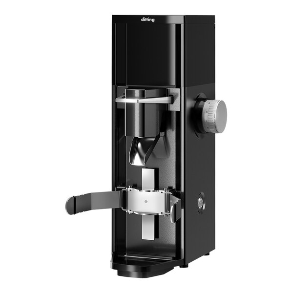 A black and silver Ditting 807 coffee grinder.