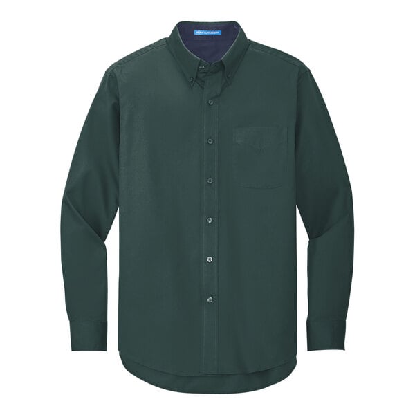 A Port Authority unisex dark green and navy long sleeve dress shirt with a button up.