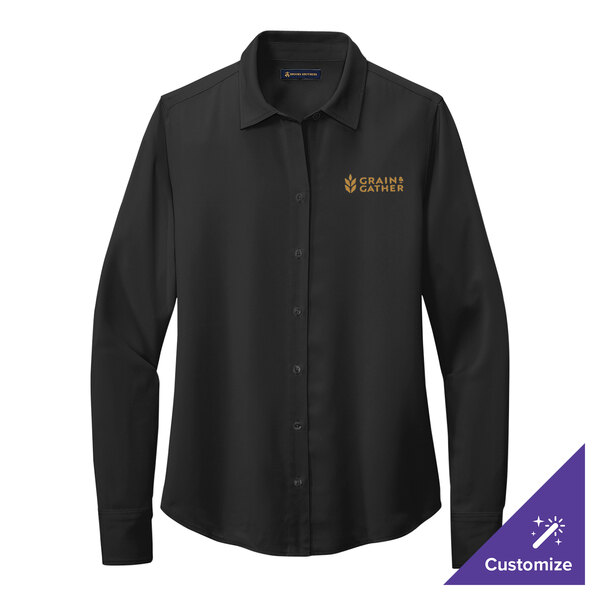 A Brooks Brothers women's long sleeve black satin blouse with gold embroidery.