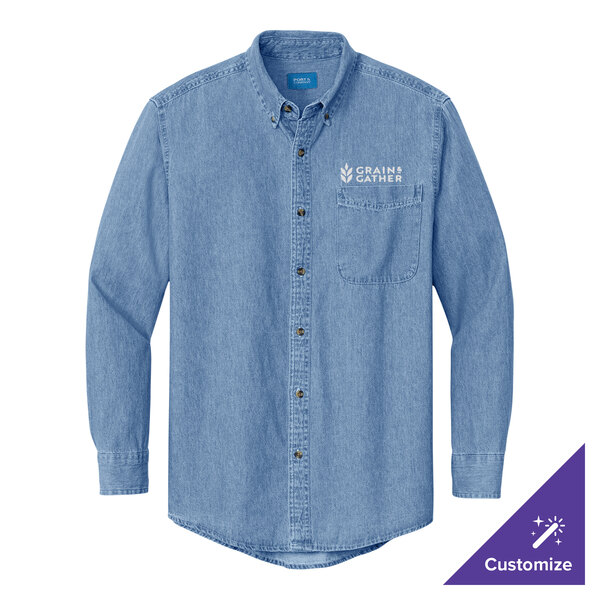 A Port & Company faded blue long sleeve denim button-down shirt with a company logo.