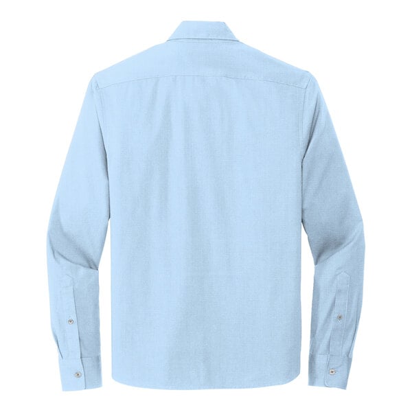 A Mercer+Mettle unisex light blue long sleeve dress shirt with a back view.