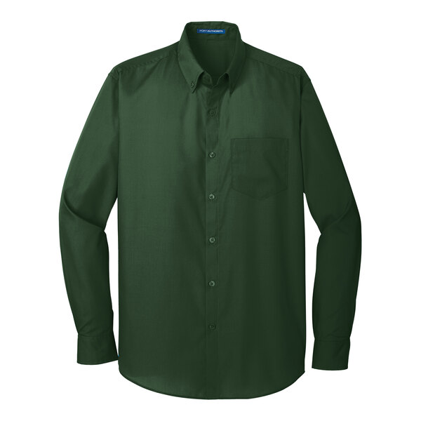 A Port Authority deep forest green long sleeve poplin dress shirt.