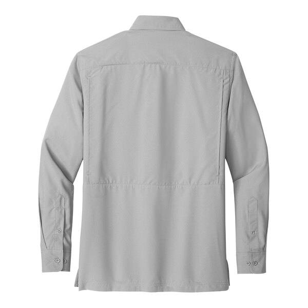 The back of a gray Port Authority long sleeved shirt with buttons.