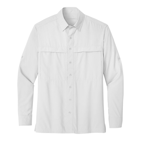 A white Port Authority long sleeve shirt with a button down collar.