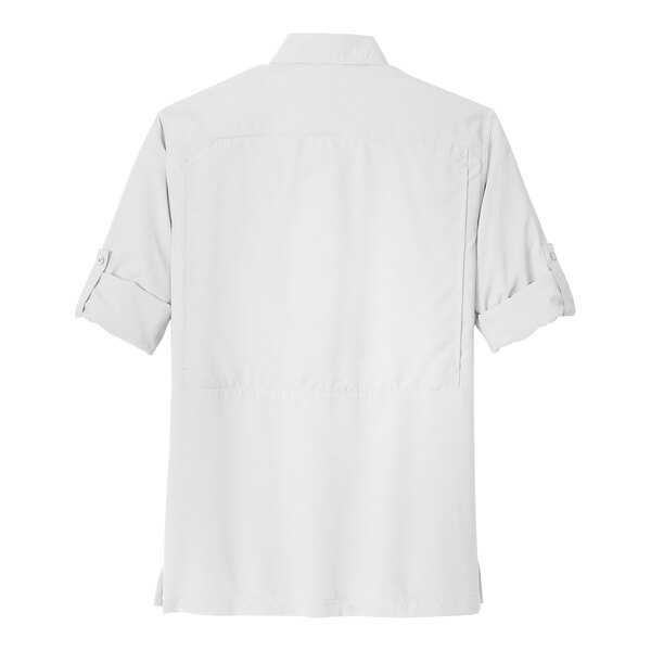 The back view of a white Port Authority long sleeve shirt.