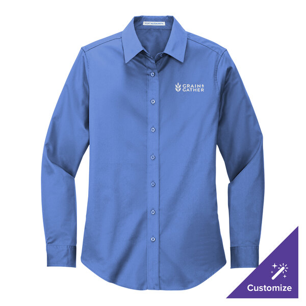 A Port Authority long-sleeved ultramarine blue dress shirt.