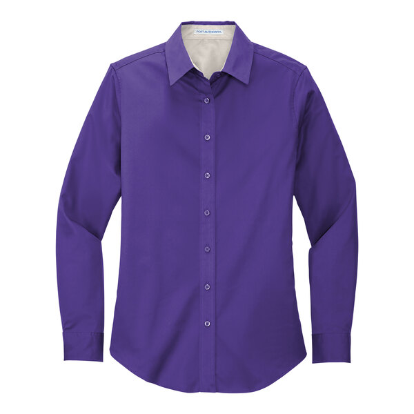 A purple Port Authority ladies' long sleeve dress shirt in poplin fabric.
