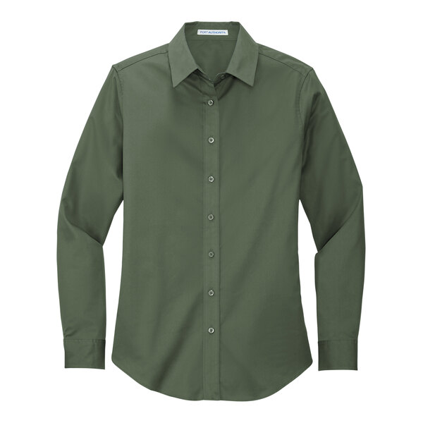 A Port Authority women's long sleeve green poplin dress shirt.