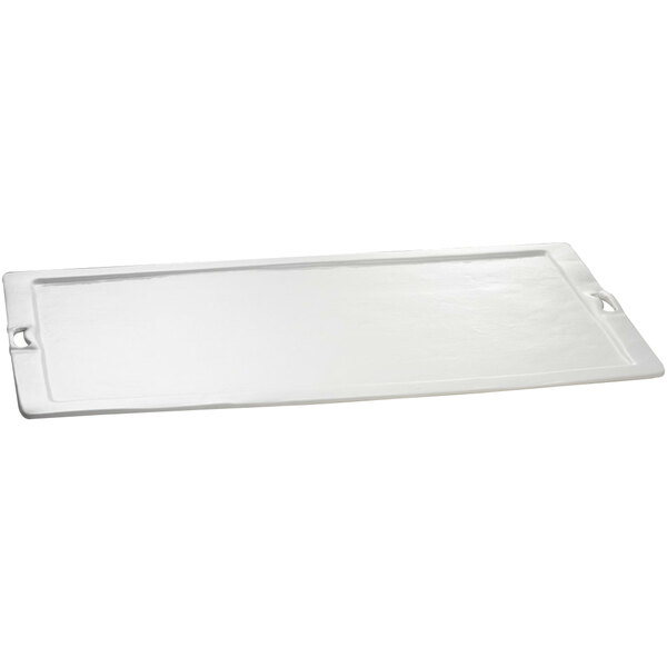 A white rectangular Tablecraft platter with handles.