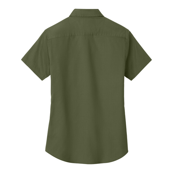 A back view of a Port Authority women's green short sleeve dress shirt.