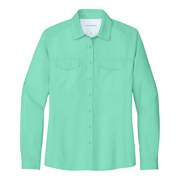 A bright seafoam short sleeve Port Authority shirt for women.