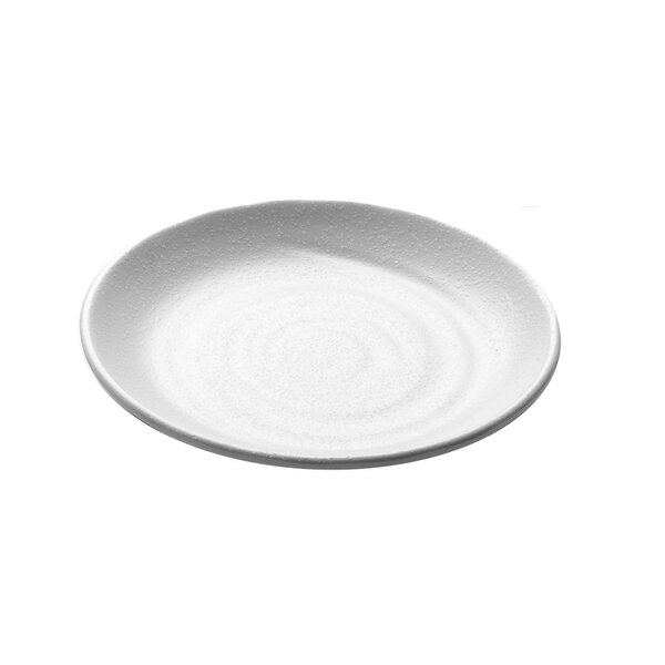 A close-up of a white Elite Global Solutions Zen round plate with a spiral pattern.