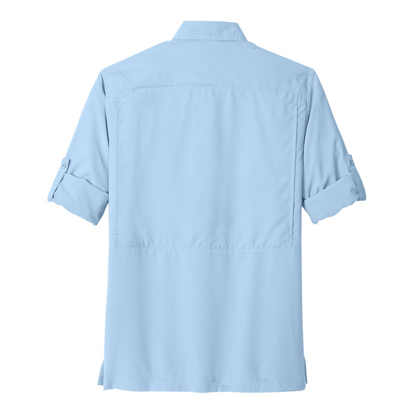 A back view of a light blue Port Authority long sleeve shirt.