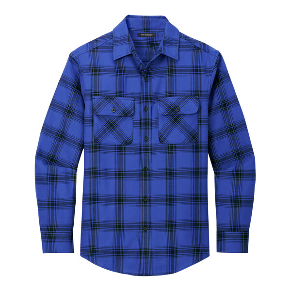 A Port Authority blue and black plaid long sleeve flannel shirt with buttons.