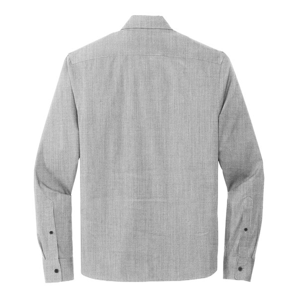 The back of a Mercer+Mettle Gusty Gray long sleeve dress shirt with a button down collar.
