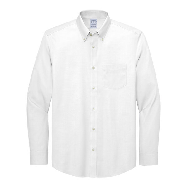 A white Brooks Brothers customizable long sleeve dress shirt with a button down collar.