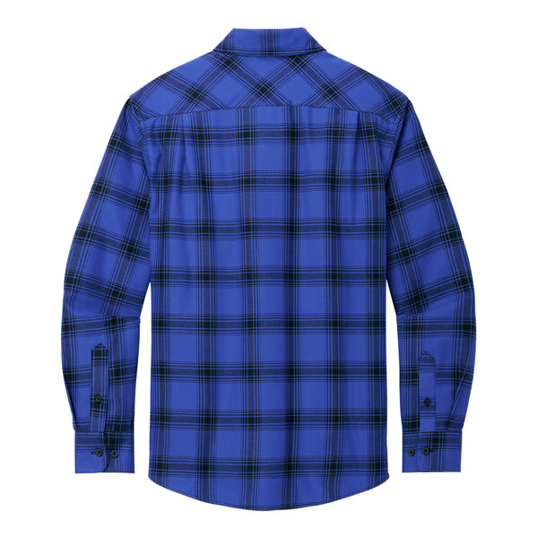 A blue plaid Port Authority flannel shirt with black and blue stripes.