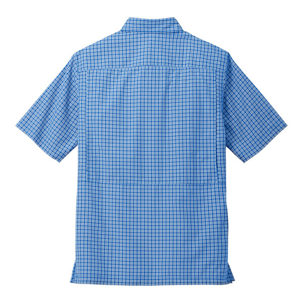 The back of a Port Authority blue and white mini plaid shirt.